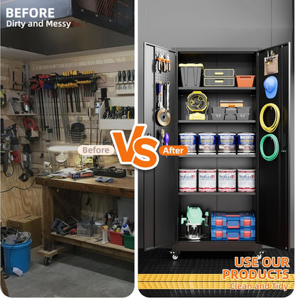 Garage Storage Cabinet with with Pegboard and Wheels,73" Metal Lockable File Cabinet with 2 Doors and 4 Adjustable Shelves,Tool Storage,Home Office Garage,Gym,School (Black)