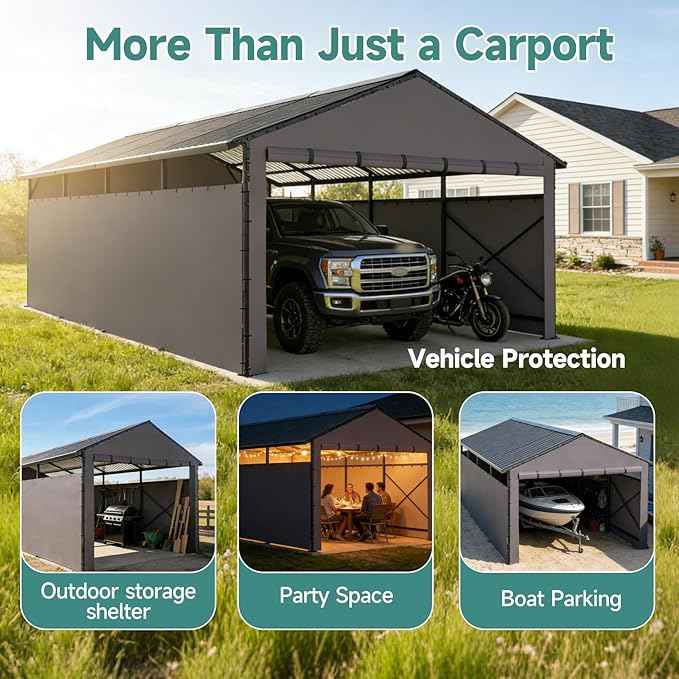 Redlife 11x21 FT Metal Carport, Heavy Duty Steel Frame Garage Shelter with Sloped Metal Roof, 3-Layer 201D Oxford Fabric Sidewalls, UV & Snow Resistant Outdoor Car Canopy for Cars, Trucks & Boats