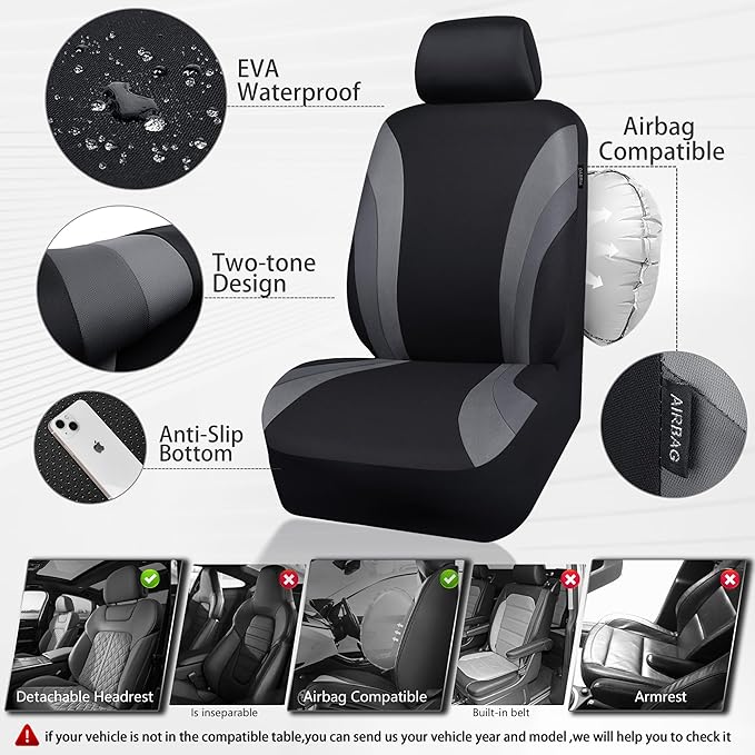 CAR PASS EVA Waterproof Car Seat Covers Full Set with 4Pcs Waterproof Car Floor Mats Universal Fit Airbag Compatible Automotive Interior Covers for Sedans, Trucks,Vans,SUV (Combo Set, Black & Gray)