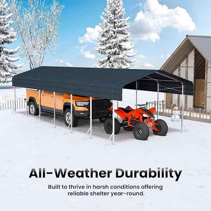 14x30ft Heavy Duty Metal Carport – Outdoor Galvanized Garage, Sturdy Structure, All-Weather Protection, Easy Assembly for Cars, Trucks, Boats, Tractors, and Outdoor Storage (Grey, 14x30FT)