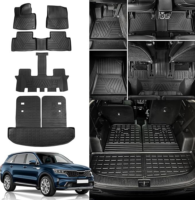 Rongtaod Floor Mats Compatible with 2021-2025 2026 Kia Sorento 6&7 Seats (not for Hybrid) Cargo Mat Cargo Liner Back Seat Cover 2024 Sorento Accessories (Trunk Mat with Backrest Mat+Floor Mats)