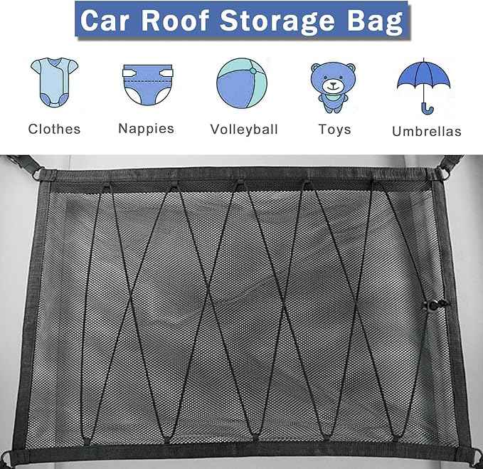 Car Ceiling Storage Net | Double Zipper, Adjustable Strap Prevent Falling, 31"x21"Double-Layer Mesh Long Road Trip Camping Van SUV Roof Cargo Pocket Organizer for Putting Quilt Toys Sundries