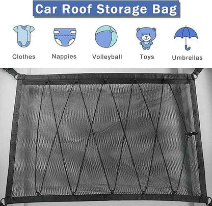 Car Ceiling Storage Net | Double Zipper, Adjustable Strap Prevent Falling, 31"x21"Double-Layer Mesh Long Road Trip Camping Van SUV Roof Cargo Pocket Organizer for Putting Quilt Toys Sundries