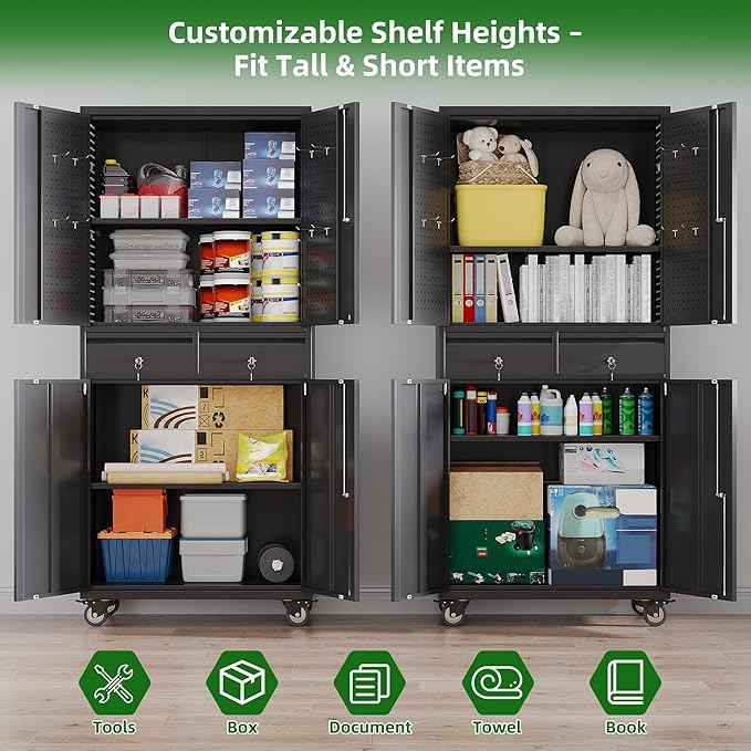 Aobabo Garage Storage Cabinet with Wheels, Metal Tool Storage Cabinet with 2 Drawers for Garage Home,Assembly Required,Black