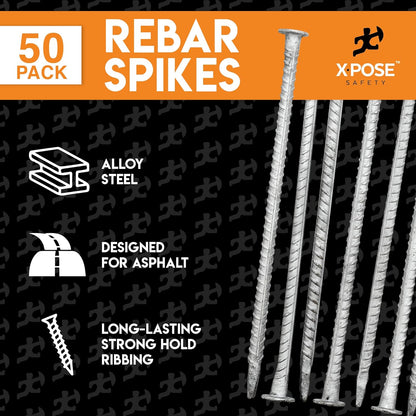 Heavy Duty Rebar Stakes 14" - 1/2" Diameter Threaded Galvanized Steel Spikes – 50 Pack Metal Ground Stakes for Speed Bumps & Wheel Stops – Support Estacas de Metal – Durable Asphalt Surface