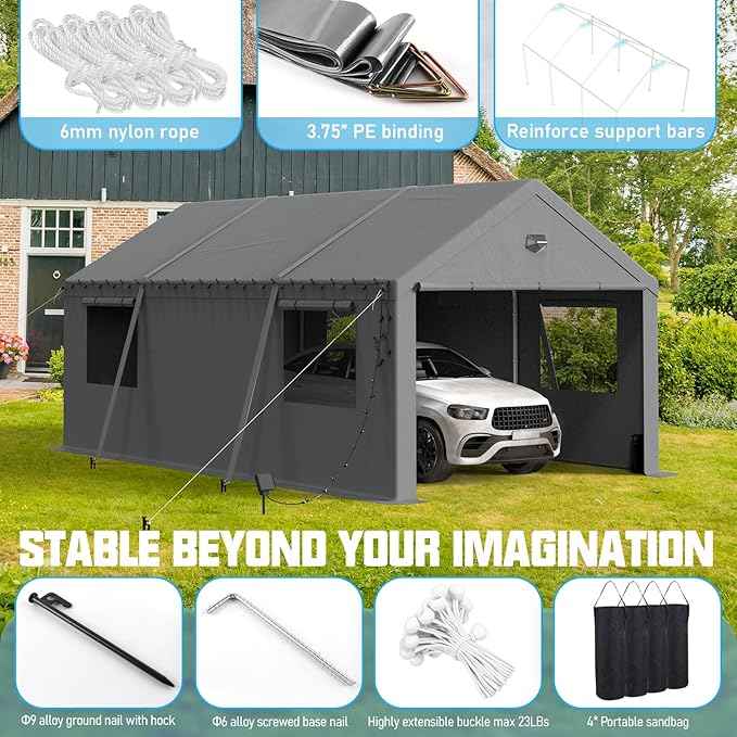 Carports Canopy Heavy Duty, Portable Garage with Sidewalls (12x20, Grey)