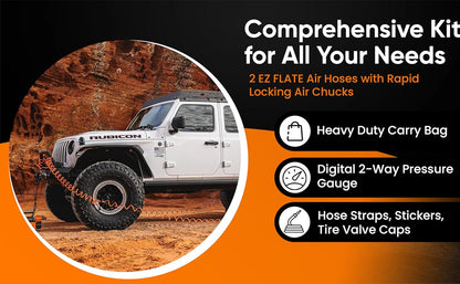 EZ FLATE 4 Tire Hose System | Heavy Duty | Truck or Car Tires | UTV Side By Side Tires | Fast Inflation | 4 Tires at Once | Auto Equalize | Quick Connest Air Chucks (Recoil Hose System)