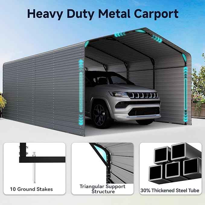12x20FT Heavy Duty Metal Carport,Outdoor Garage with Metal Side Panels, Enclosed Car Ports with Heavy Duty Steel Frame and Galvanized Roof for Cars and Boats, Equipment Storage,Tools, Gray