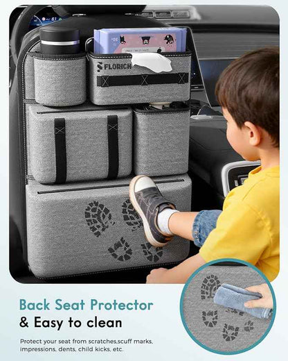 FLORICH PU-Coated Fabric Car Backseat Organizer, Durable Large capaity Seat Back Organizer and Storage with 6 Pocket, Kick Mats Back Seat Protector for Kids Universal Fit