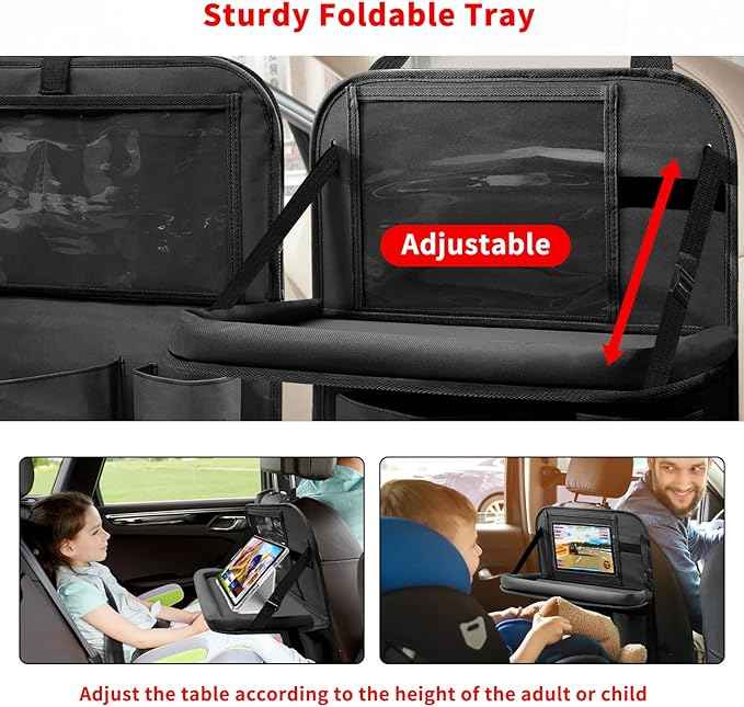 Car Backseat Organizer with Tablet Holder, 6 Storage Pockets Seat Back Protector with Foldable Tray, Kick Mats Back Seat Cover for Kids Toddlers, Travel Accessories, 1 Pc