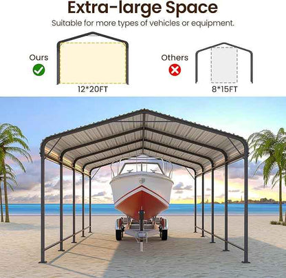 Metal Carport 12x20FT, Heavy Duty Carport Canopy with Galvanized Steel Roof, 40% Thicker Frame Metal Garage with Reinforced Base, All-Weather Outdoor Storage Car Port for Car, Camping