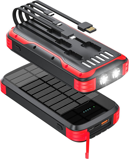 Solar Charger Power Bank, 40000mAh Portable Phone Charger Built in 4 Cables with USB C in/Output, PD 20W Fast Charging Portable Charger, External Battery Pack with Dual Bright Flashlights