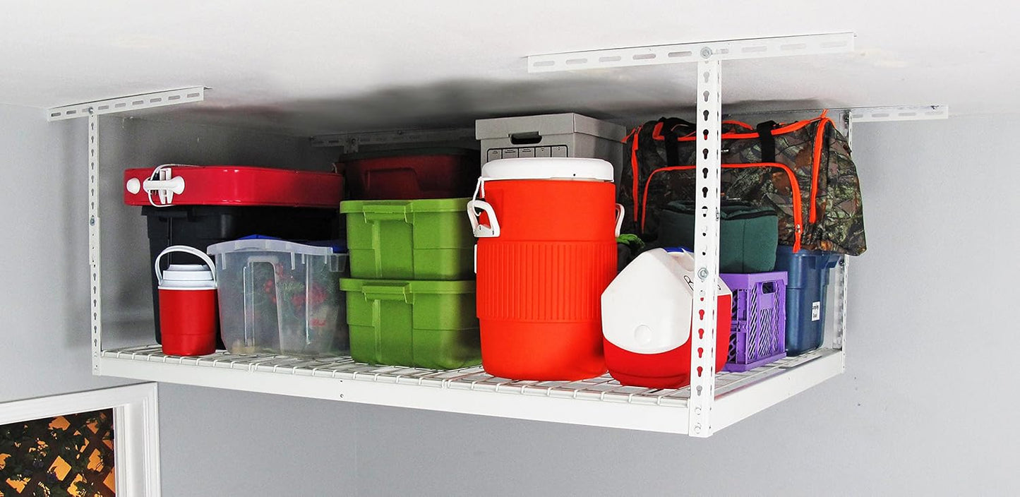 MonsterRax Overhead Garage Storage Racks 4x6, Ceiling Mounted Shelving, Adjustable Hanging Storage Organizer, Heavy Duty Steel, Holds 500 Pounds, Color: White, Adjusts 18"-33” off Ceiling