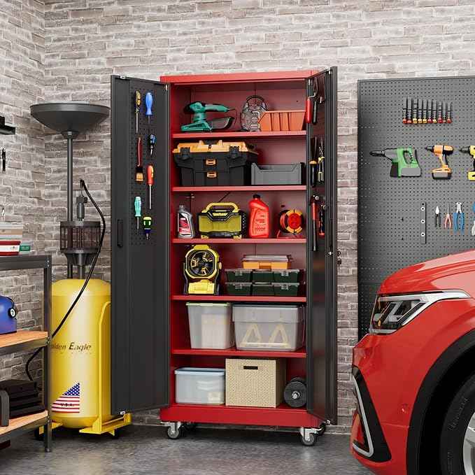 Aobabo Metal Garage Storage Cabinets with Wheels,Steel Cabinets with 5 Adjustable Shelves for Garage Home Office Storage, Red-Black,Assembly Required