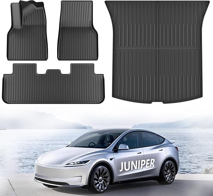 KARPAL Floor Mats for Tesla Model Y Juniper 2025 2026 (5 Seat), All Weather TPE Floor Liners Front & 2nd Row & Cargo Liners, Model Y Juniper Accessories 4PCS