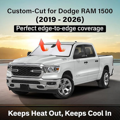 EcoNour Windshield Sun Shade Compatible for Dodge RAM 1500 2019–2026 | Pickup Truck Front Window Sunshade | Foldable 4-Layer Sun Visor Protector | UV & Heat Blocking | Keeps Cabin Cooler