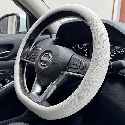 PINCTROT D Shaped Nappa Leather Steering Wheel Cover, Slim Fit No Bulk Design, One Piece Leather with Breathable Perforation, Fit Like Gloves, Flat Bottom 14.5-15 Inch(Nappa White)