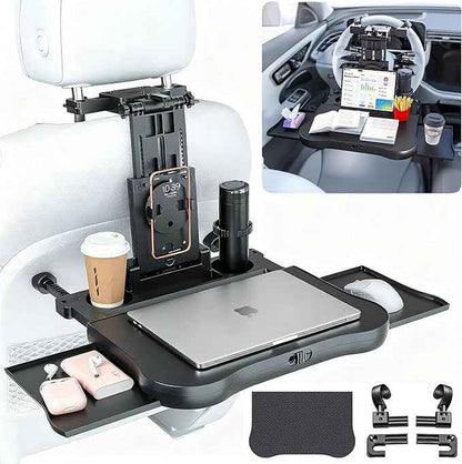 2-in-1 Car Steering Wheel Tray & Back Seat Headrest Tray with Phone Holder, Steering Wheel Desk Food Table for Car Laptop Mount Steering Wheel for Large SUVs, Trucks & Vans