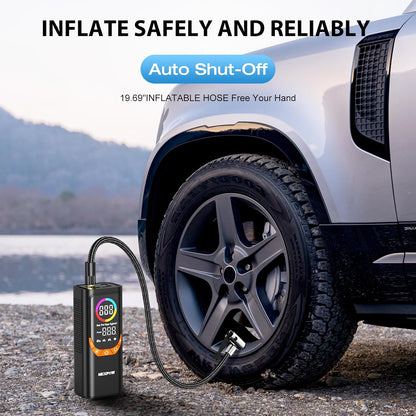 NEXPOW NP17 Portable Air Compressor, 150 PSI Digital Tire Inflator, Fast Inflation with Auto Shut-Off, LED Light, Multiple Nozzles for Car, Bike, and Ball, Compact Design, Orange