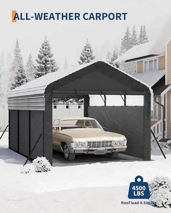 Garvee 10'X15'X9' Metal Carport, Enclosed Car Ports with Heavy Duty Steel Frame and 220 g Tarp, All-Weather Carport, for Sedans, Boats, and Tractors