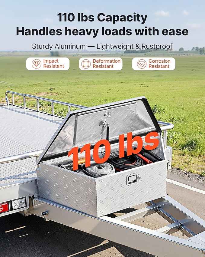VEVOR Trailer Tongue Box, Heavy Duty Trailer Tongue Tool Box Storage Organizer with Lock & Keys, Utility Tool Chest for Pickup Truck Bed, RV, SUV, Off-Road Vehicle, Aluminum, 39" x 16.5" x 12", Silver