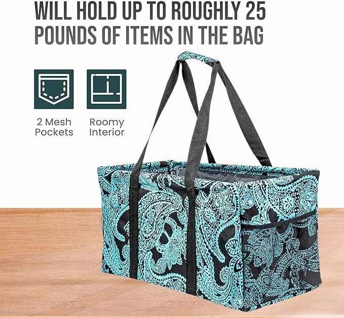 Extra Large Utility Tote Bag - Oversized Collapsible Reusable Wire Frame Rectangular Canvas Basket With Two Exterior Pockets For Beach, Pool, Laundry, Car Trunk, Storage - Paisley Blue