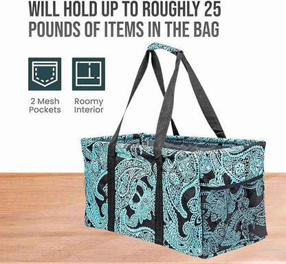 Extra Large Utility Tote Bag - Oversized Collapsible Reusable Wire Frame Rectangular Canvas Basket With Two Exterior Pockets For Beach, Pool, Laundry, Car Trunk, Storage - Paisley Blue