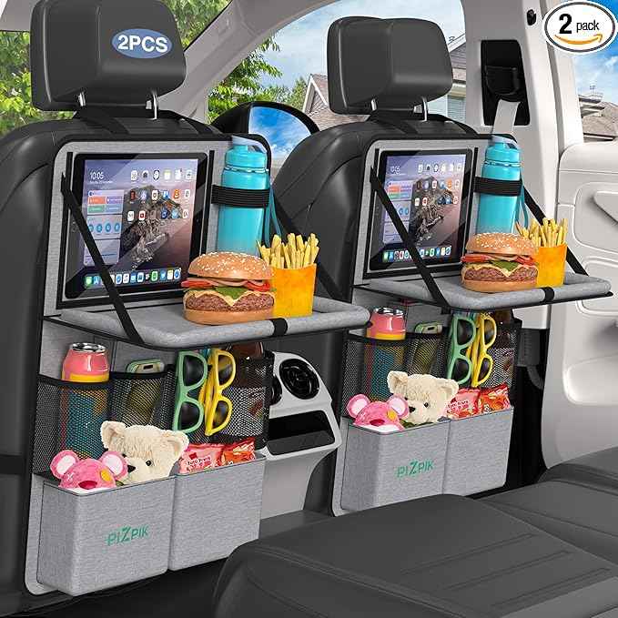 Car Backseat Organizer with Tablet Holder,11 Storage Pockets with Foldable Food Tray, Protector Kick Mats for Kids, Travel Accessories Organizer (Gray, 2Pack with Food Tray)