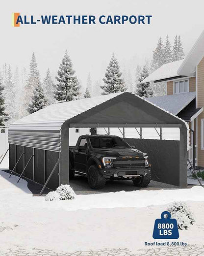 Garvee 12'X24'X9' Metal Carport, Enclosed Car Ports with Heavy Duty Steel Frame and 220 g Tarp, All-Weather Carport for Full-Size Pickup Trucks, Bass Boats, and Tractors