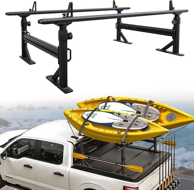 Extendable Aluminum Truck Ladder Rack Fit for Ford F150, RAM, Chevy Silverado, Works with T-Slot Tonneau Covers, 800 lbs Capacity Pickup Bed Rack for Kayak, Surfboard, Ladder Transport
