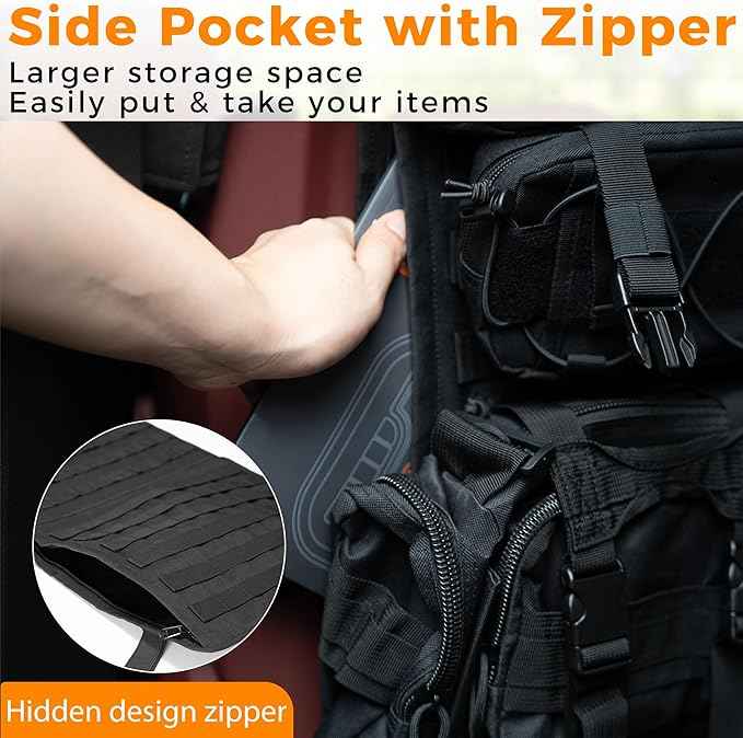 Tactical Seat Back Organizer, Molle Car Seat Organizer Panel with 5 Detachable Molle Pouch for Car Truck Ford Jeep Vehicle, Military Grade Storage Panel Backseat Protector for Man, Black