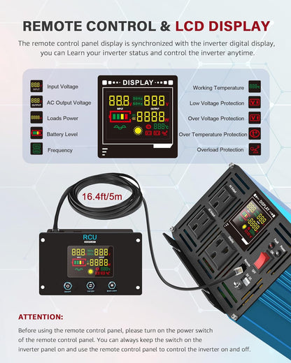 Power Inverter 2500 Watt Pure Sine Wave 12V DC to 110V/120V AC 5000W Peak Converter for Family RV Off Grid Solar System with 3 AC Outlets LCD Display Remote Control and 2.4A USB Charging Port