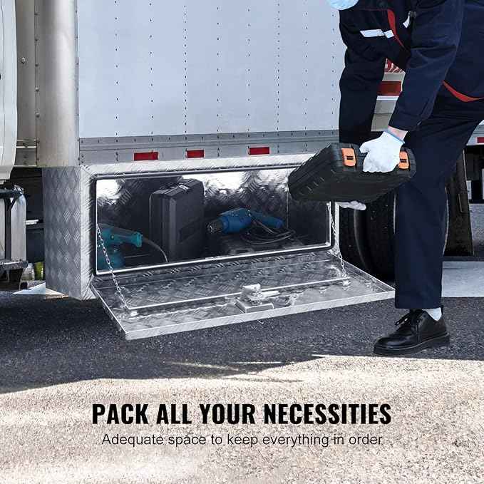 VEVOR Underbody Truck Box, 36"×17"×18" Pickup Storage Box, Heavy Duty Aluminum Diamond Plate Tool Box with Lock and Keys, Waterproof Trailer Storage Box with T-Handle Latch for Truck, Van, Trailer