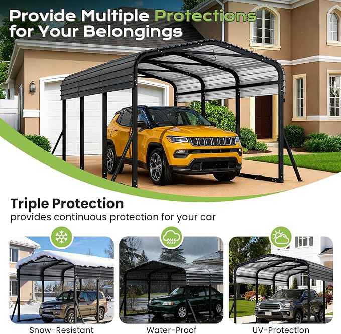 10x15FT Metal Carport, Heavy Duty Car Garage w/Reinforced Support Rods and Windproof Ground Anchors, All-Weather Multi-Use Outdoor Shelter for Car, Boats and Truck