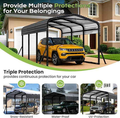 10x15FT Metal Carport, Heavy Duty Car Garage w/Reinforced Support Rods and Windproof Ground Anchors, All-Weather Multi-Use Outdoor Shelter for Car, Boats and Truck