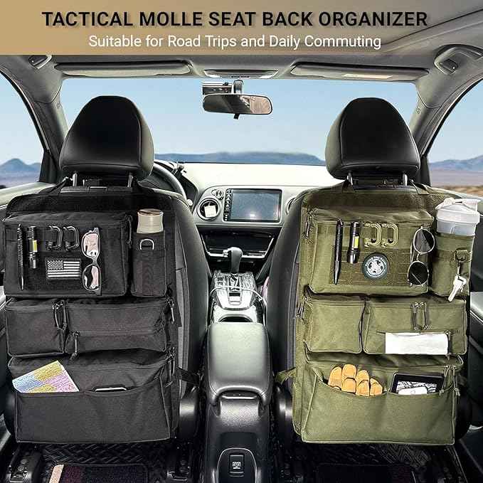 Tactical Seat Back Organizer Heavy Duty MOLLE Panel Organizer with Multiple Pockets & Hook Loop Panel for Road Trip Essentials, Universal Fit for Car SUV Truck Jeep (Army Green)