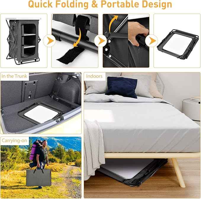 Goplus Folding Camping Storage Cabinet, Pop Up Outdoor Camping Kitchen Station with Large 3-Tier Storage Organizer, Carry Bag, Easy Set Up Portable Compact Camping Table for BBQ Picnic Backyard (35'')