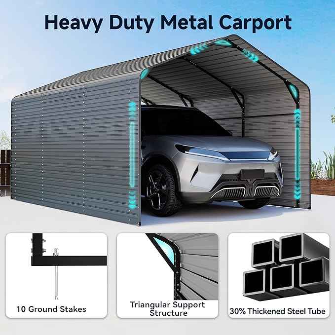 10x15FT Heavy Duty Metal Carport,Outdoor Garage with Metal Side Panels, Enclosed Car Ports with Heavy Duty Steel Frame and Galvanized Roof for Cars and Boats, Equipment Storage,Tools, Gray