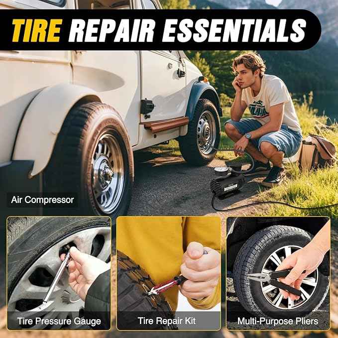 Nilight Car Emergency Kit with Jumper Cable Air Compressor Tire Repair Essential Tools First Aid Alligator Connector Electrical Kit for Travel Camping Outdoor Cars Truck SUV RV