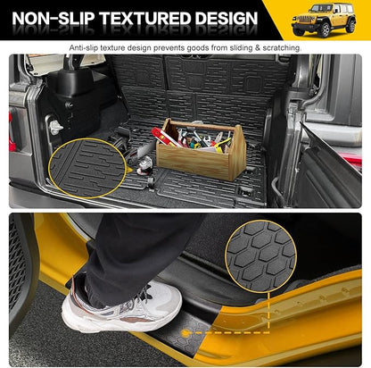 Cargo Mats with Door Sill Guards for 2018-2025 Jeep Wrangler JL Unlimited 4X4 Accessories All Weather Rear Seat Back Cover Trunk Liner Door Sill Protector for JL JLU Gas Type 4 Door(Not 4XE)