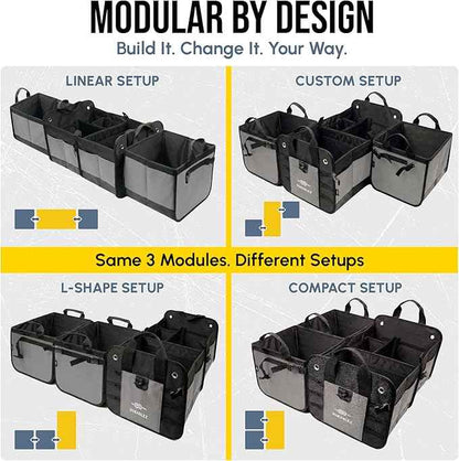 Modular 4-Section XL Trunk Organizer – Car Storage for Groceries, Tools, Sports Gear, Emergency Kits – Extra Large Multi-Compartment Cargo Box, Collapsible & Heavy Duty – Gray