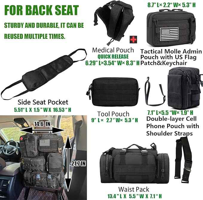 7 PACK Tactical Seat back organizer Truck organizer With 6 Detachable Pouches Universal For Car Truck Ford Jeep Military-Grade Heavier Panels With Multi-functional Packs (7-PACK-Upgrade)