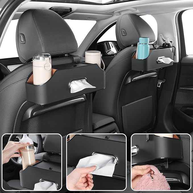 Car Rear Backseat Extra Multifunctional Drink Cup Holder Organizers With Tissue Storage Box Organizer & Hooks For Car Seat Back. Black