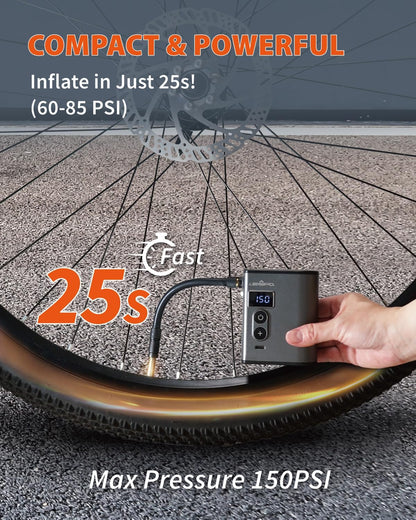 TMP1 Mini Bike Tire Pump, 150PSI Electric Air Pump with Gauge, Fast Inflate Bicycle Pump, Presta & Schrader Valve, Portable Air Pump for Road Bikes, Mountain Bike,E-Bike,Motorcycle,Sports Balls