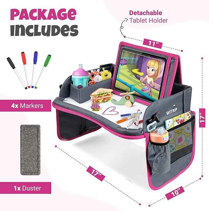 Kids Travel Tray with Dry Erase Board - Car Seat Tray for Kids Travel, Carseat Table Top for Toddler, Lap Desk for Car Seat, Activity Organizer & Snack Holder, Road Trip Essentials for Kid (Pink)