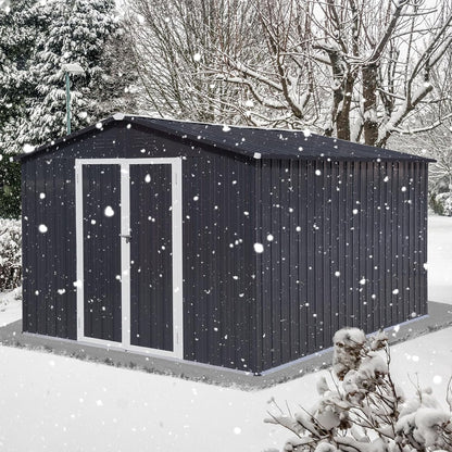 12 x 10 FT Metal Garden Shed, Outdoor Storage Shed with Heavy-Duty Steel Construction, Built-in Punched Vents & Hinged Door, Free Padlock for Secure Backyard, Patio & Garage Storage, Dark Grey