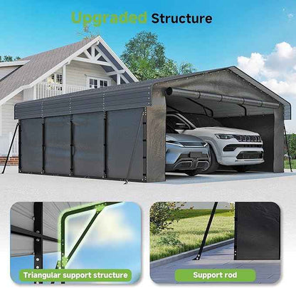 20x20FT Heavy Duty Metal Carport,Outdoor Garage with Removable Sidewalls & Doors, Heavy Duty Steel Frame and Galvanized Roof for Cars and Boats, Gray