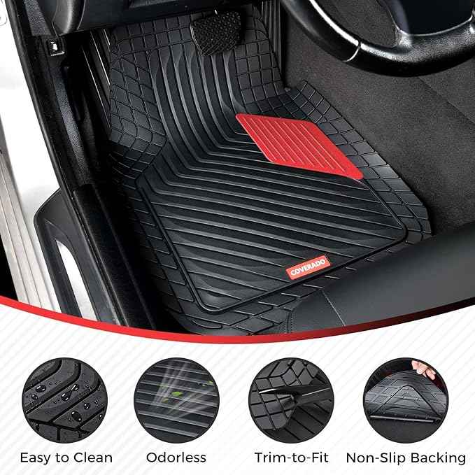 Coverado Heavy-Duty PVC Car Floor Mats Full Set – Red Metallic Heel Pad, All-Weather Protection for Front & Rear, Non-Slip Backing, Easy-to-Clean Liners, 4 Pcs