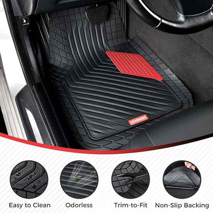 Coverado Heavy-Duty PVC Car Floor Mats Full Set – Red Metallic Heel Pad, All-Weather Protection for Front & Rear, Non-Slip Backing, Easy-to-Clean Liners, 4 Pcs