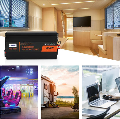 3000W Pure Sine Wave Inverter 12V DC to 120V AC Converter for Home, RV, Truck, Off-Grid Solar Power Inverter with Built-in 5V/2.1A USB, Reliable Cable, Remote Controller